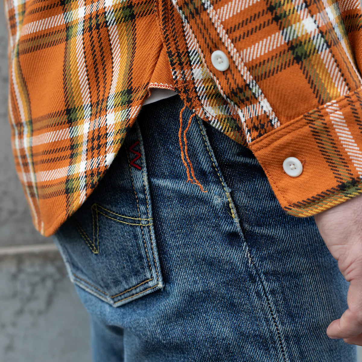 IHSH-442-ORA - SS26 - 9oz Selvedge Flannel Work Shirt - Orange Check - Image 3