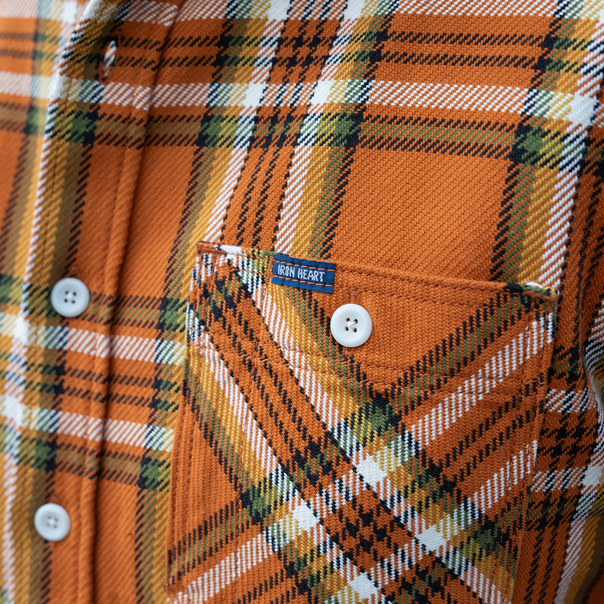 IHSH-442-ORA - SS26 - 9oz Selvedge Flannel Work Shirt - Orange Check - Image 4