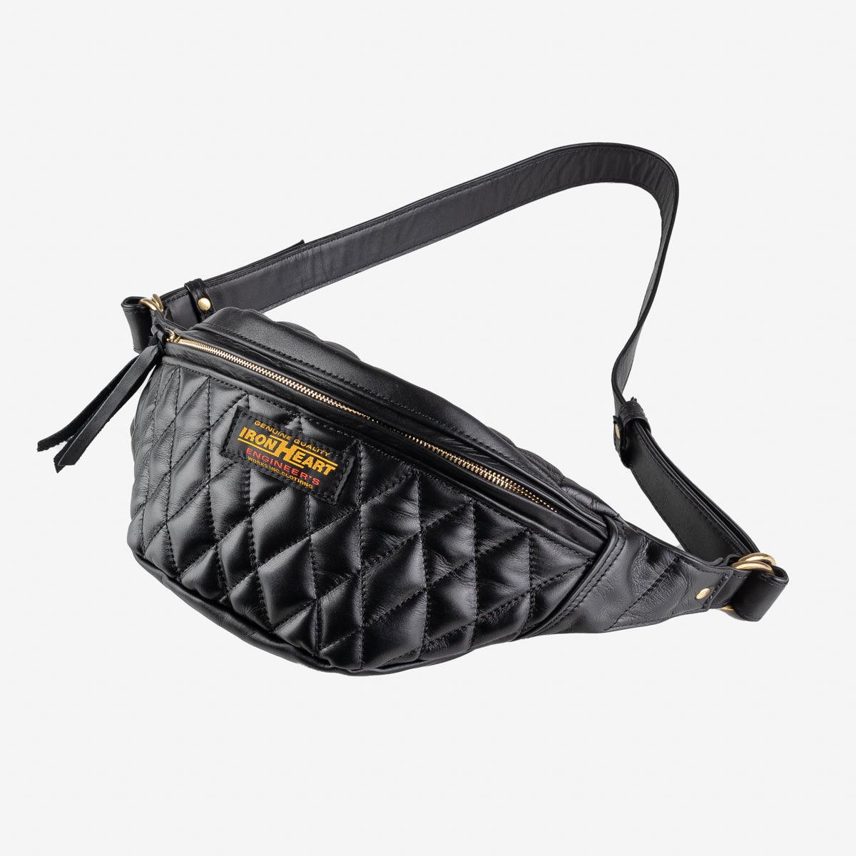 IHE-45-BLK - Diamond Stitched Leather Waist Bag - Black - Image 5