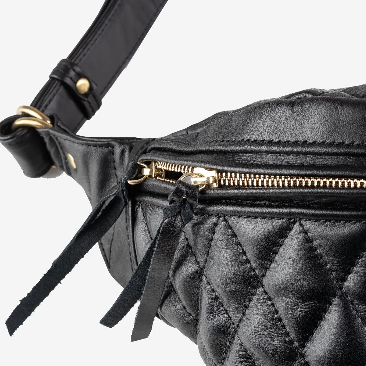 IHE-45-BLK - Diamond Stitched Leather Waist Bag - Black - Image 7