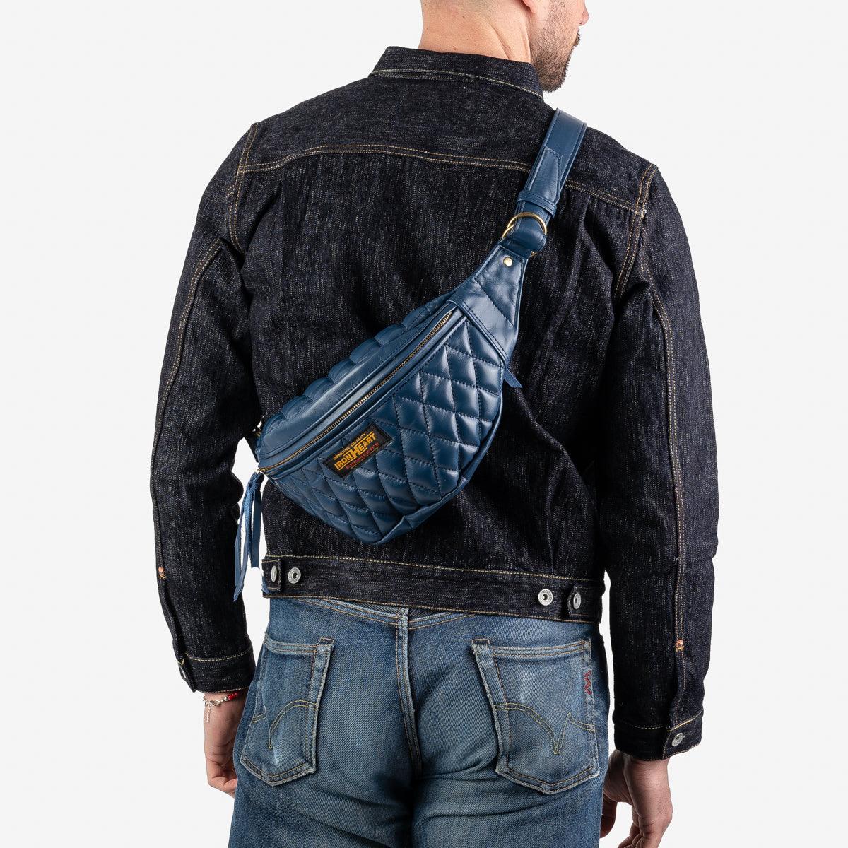IHE-45-NAV - Diamond Stitched Leather Waist Bag - Navy - Image 3