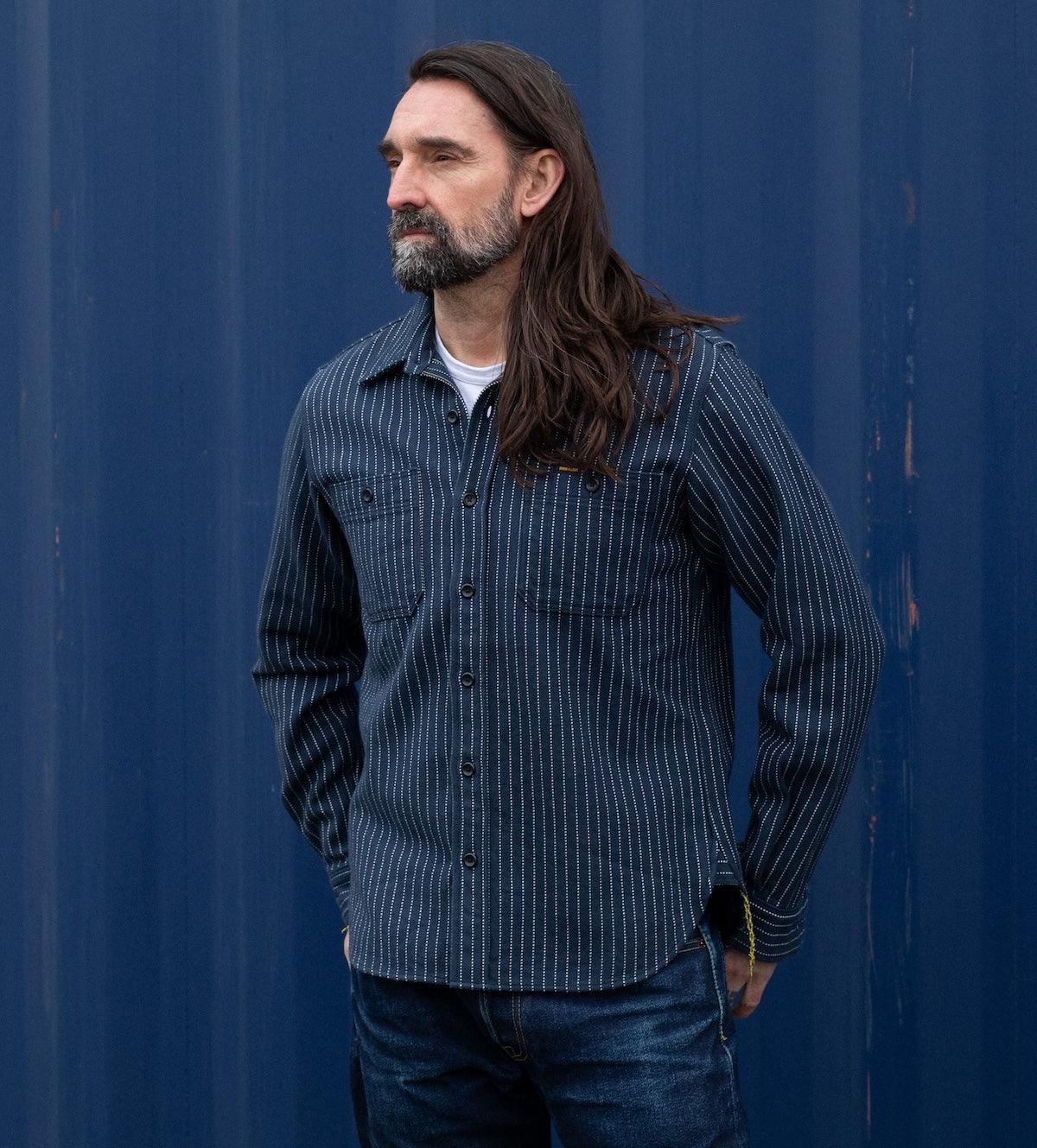 IHSH-402-NAV - Ultra Heavy Flannel Chalk Stripe Work Shirt - Navy - Image 2
