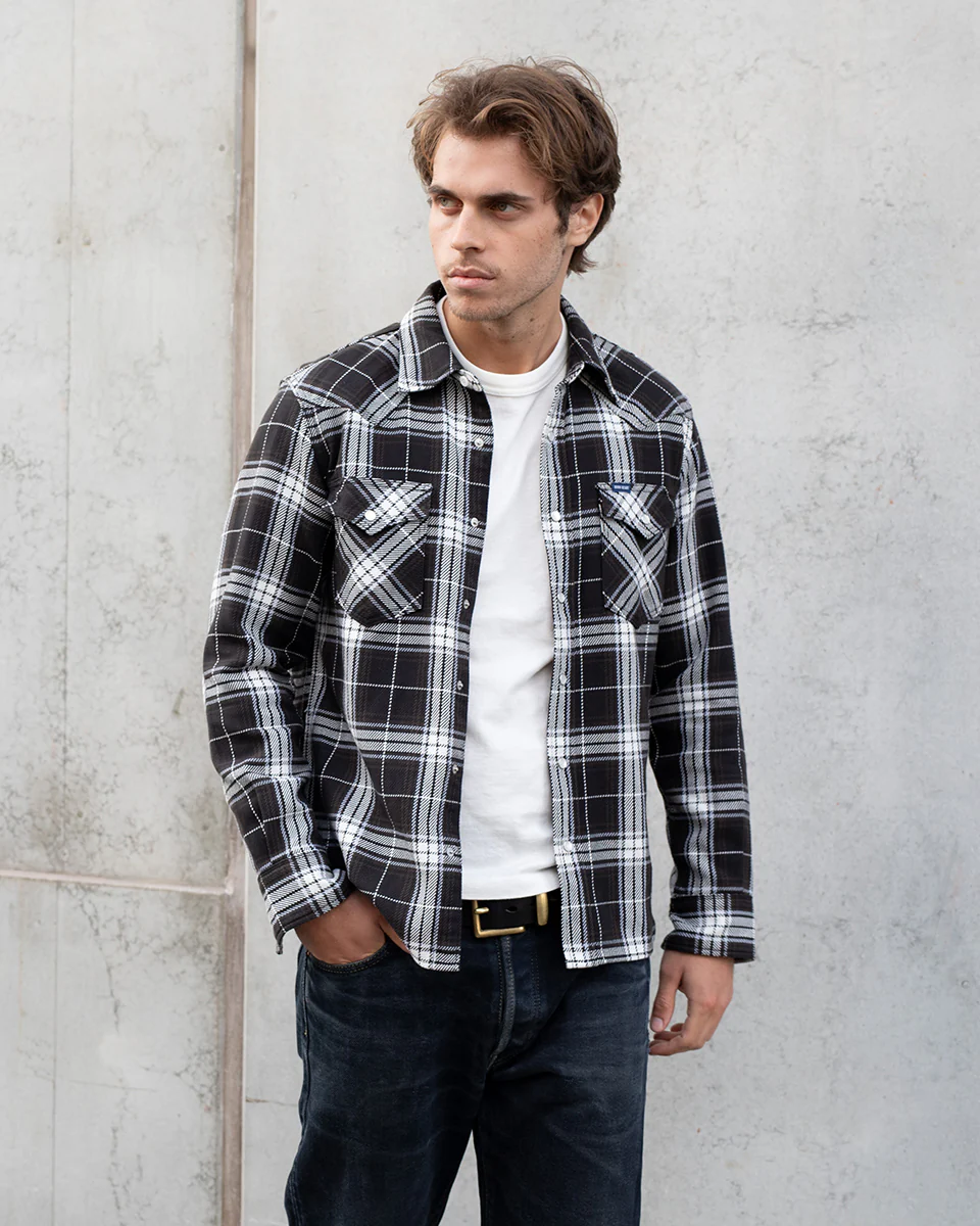 IHSH-439-BLK - SS26 - 9oz Selvedge Flannel Western Shirt - Black Check - Image 2