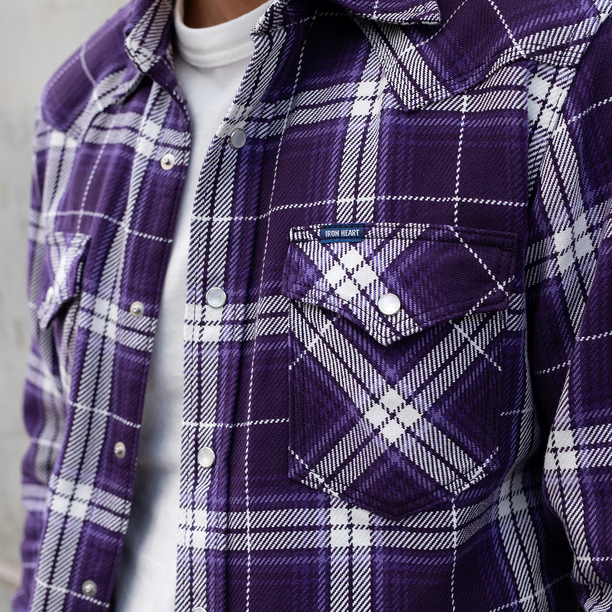 IHSH-439-PUR - SS26 - 9oz Selvedge Flannel Western Shirt - Purple Check - Image 3
