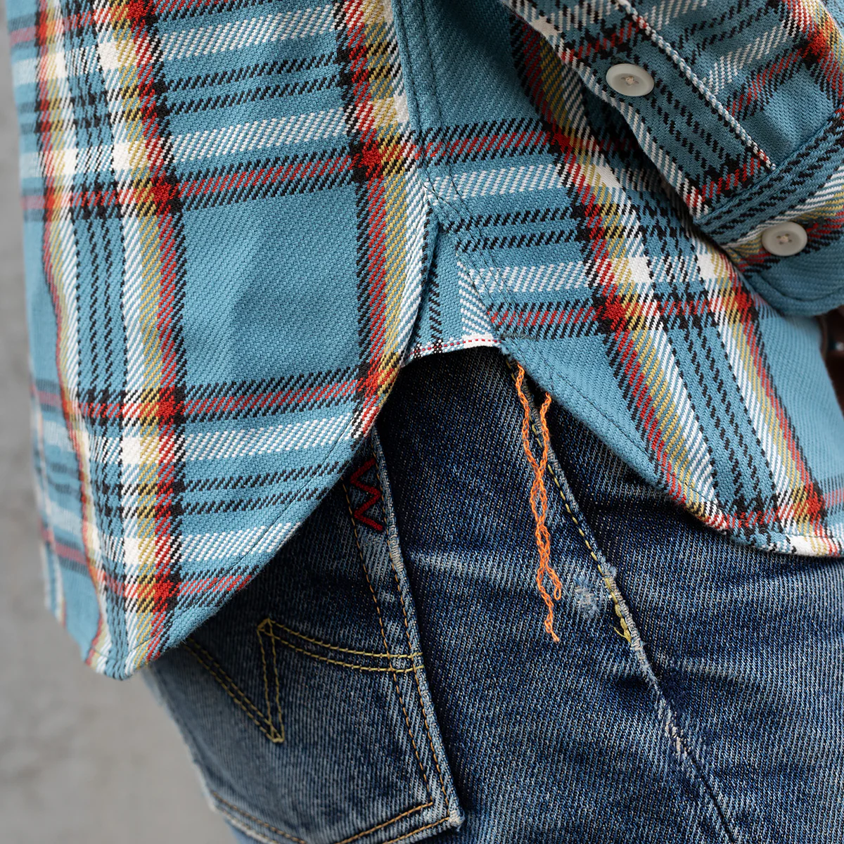 IHSH-442-SAX - SS26 - 9oz Selvedge Flannel Work Shirt - Sax Blue Check - Image 4