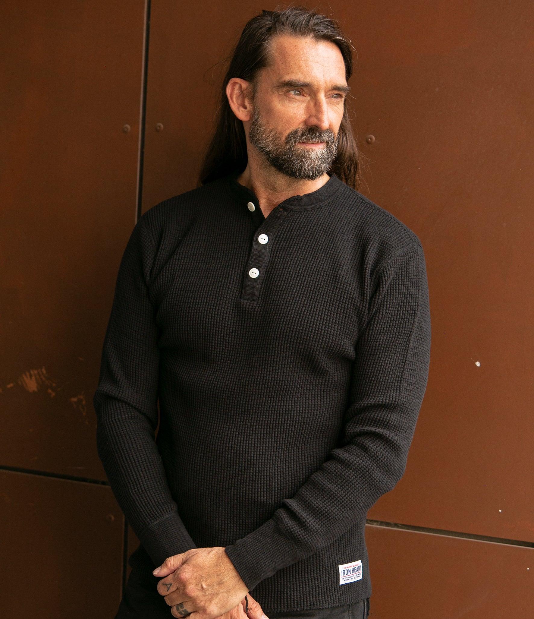 IHTL-1213-BLK - Waffle Knit Long Sleeved Thermal Henley - Black - Image 2