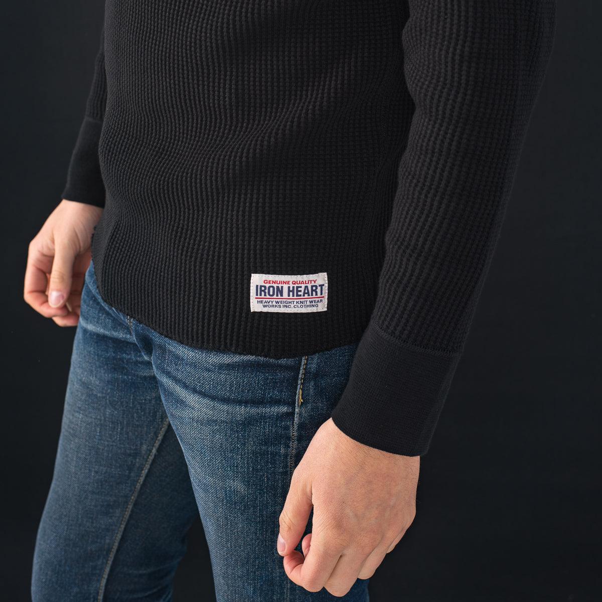 IHTL-1213-BLK - Waffle Knit Long Sleeved Thermal Henley - Black - Image 5