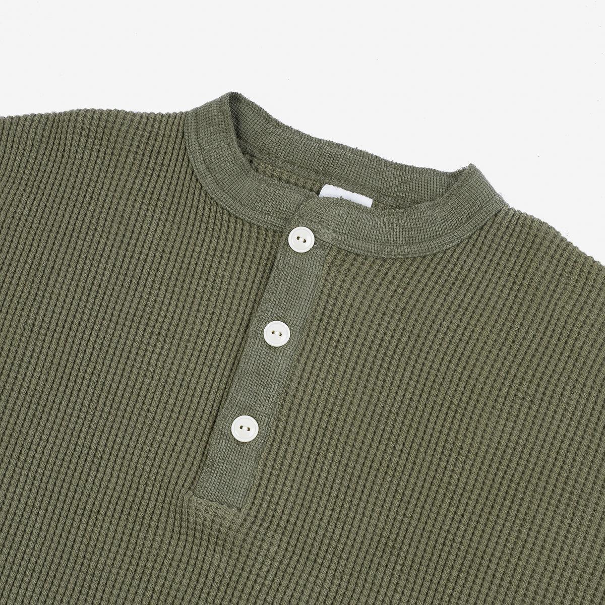 IHTL-1213-OLV - Waffle Knit Long Sleeved Thermal Henley - Olive - Image 3