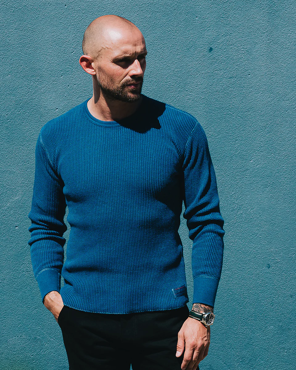 IHTL-1301-IND - Waffle Knit Thermal Long Sleeved Crew Neck - Indigo - Image 2